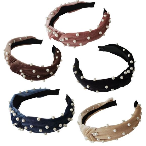 CHOOSE YOUR COLOR Pearl Studded Top Knot Velvet Headband NEW - Picture 1 of 9